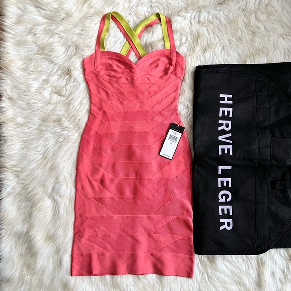 🎉 SALE Herve Leger Bandage Mini Dress Peach Blush Orange and Yellow - Picture 2 of 8
